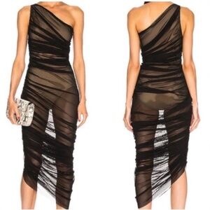 Norma Kamali Diana Ruched Mesh One Shoulder Midi Dress Black Sheer Extra Small